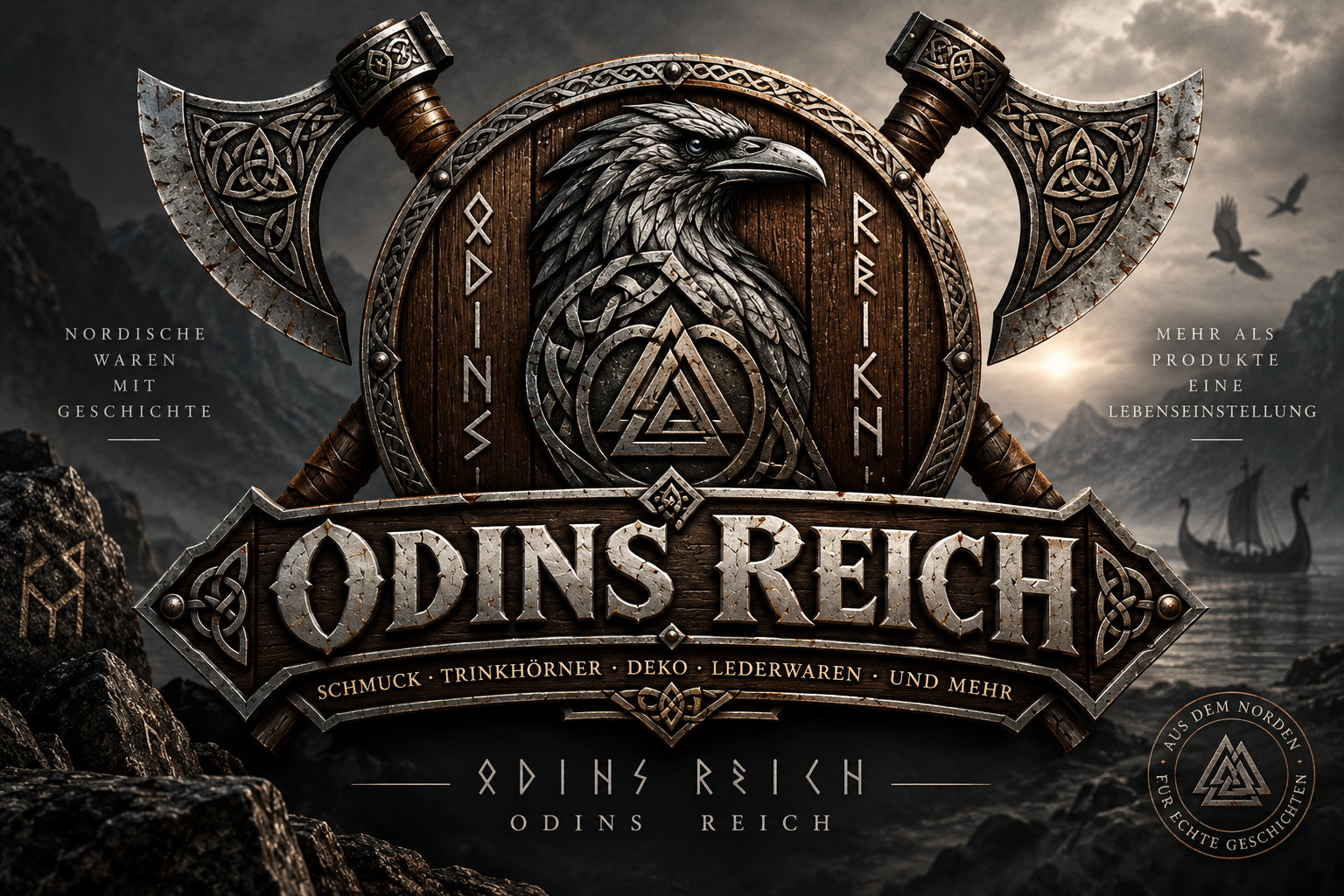 Odins Reich – nordisches Wappen mit Rabe, Schild und Äxten