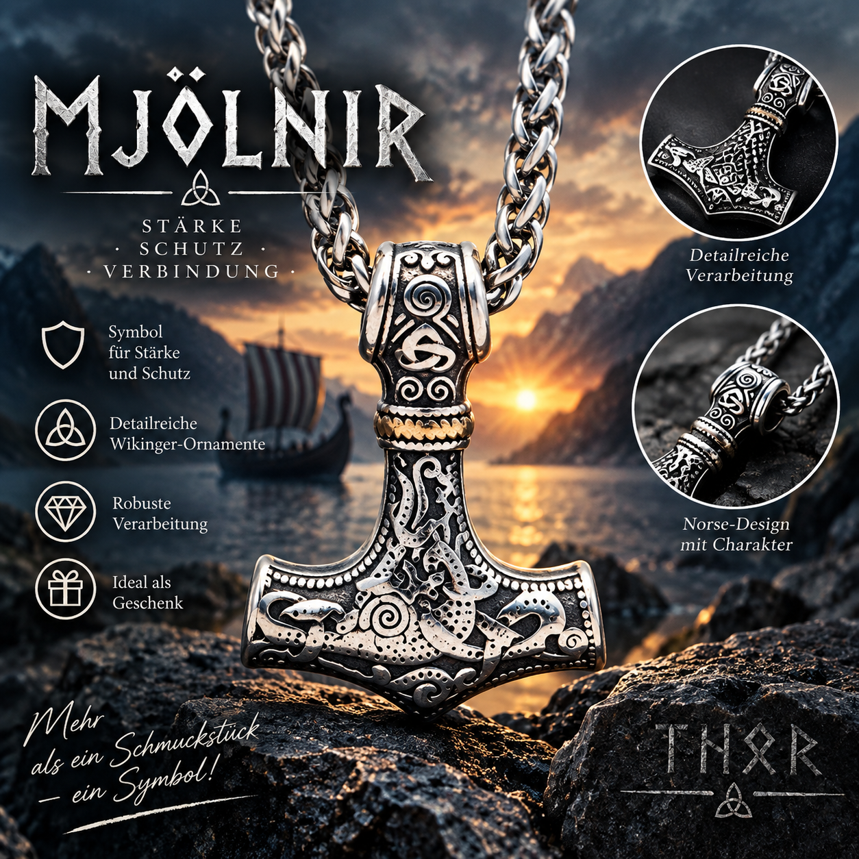Mjölnir Halskette – Thors Hammer im detailreichen Wikinger-Design
